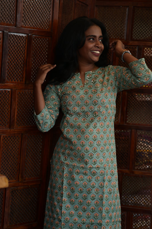 Pastel Green Hand Block Printed Slit V Neck Kurti
