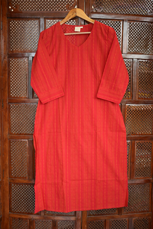 ROOH - RED SOUTH COTTON CURVD - V NECK KURTI