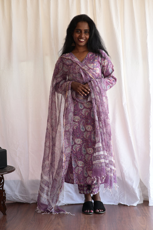 "NAIRA" Purple Floral Sanganeri hand block printed kurti with Straight pant