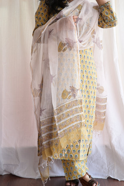 "NAIRA" Yellow green Sanganeri  hand block printed kurti with straight pant