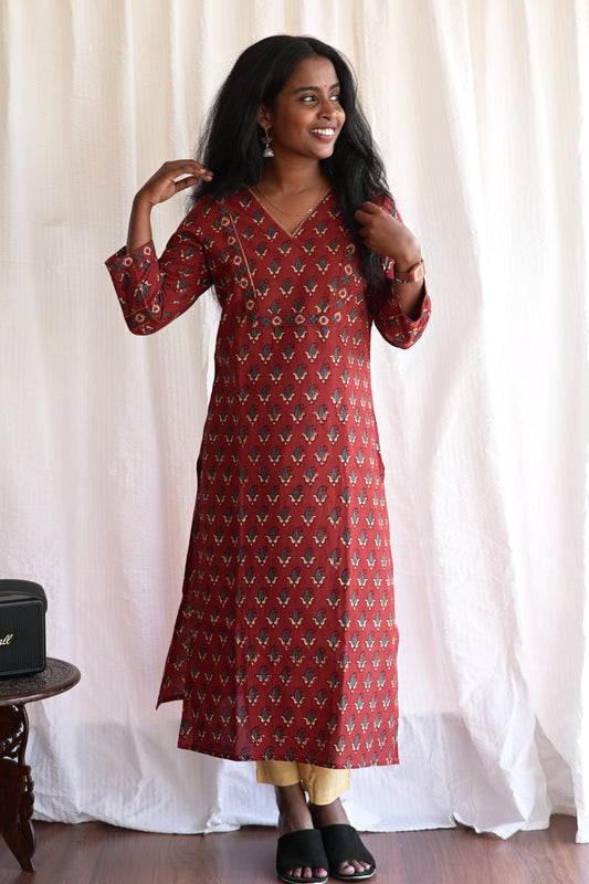 "NAIRA" Maroon Ajrakh Printed V Neck Cotton  Kurti