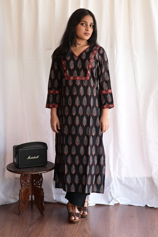 "NAIRA"  Black Ajrakh Printed V Neck Cotton  Kurti