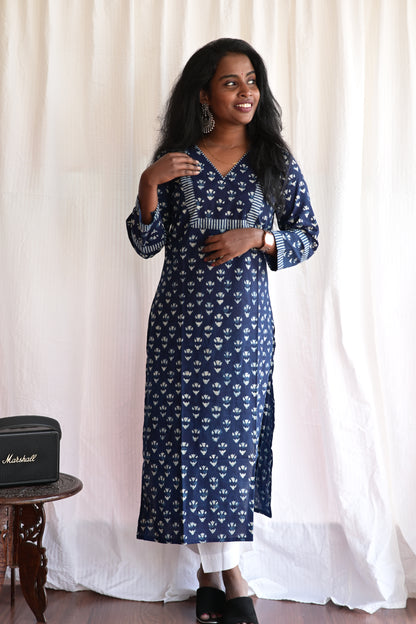 "NAIRA" Indigo Printed V Neck Cotton  Kurti