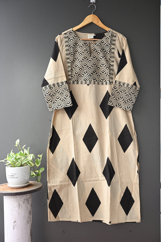 Beige and Black Geometric Print Patch Hand Block Printed Kurti