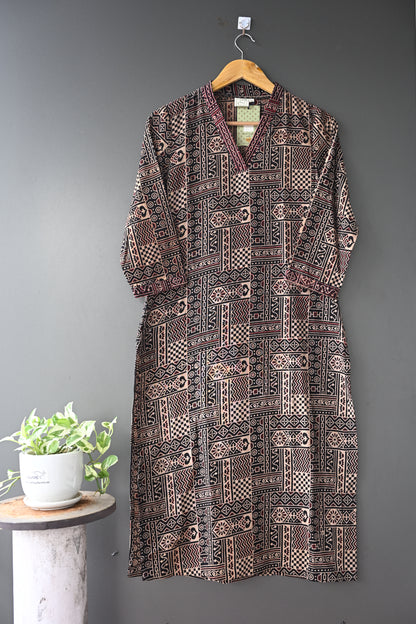 Black Ajrakh V Neck Kurti With Kantha Work