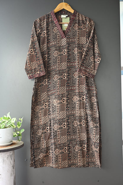 Black Ajrakh V Neck Kurti With Kantha Work