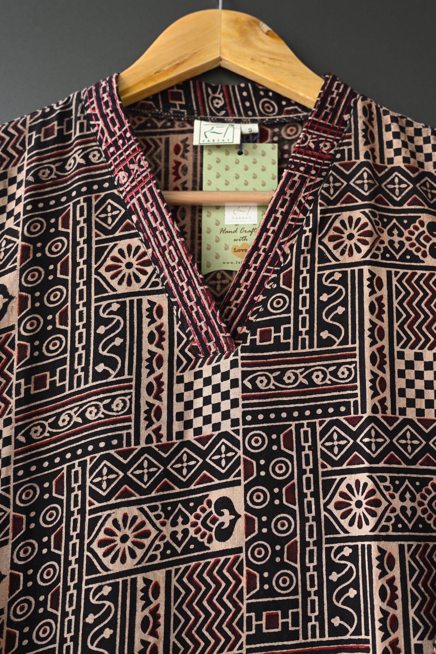 Black Ajrakh V Neck Kurti With Kantha Work