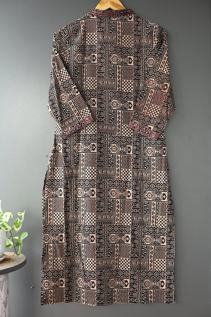 Black Ajrakh V Neck Kurti With Kantha Work