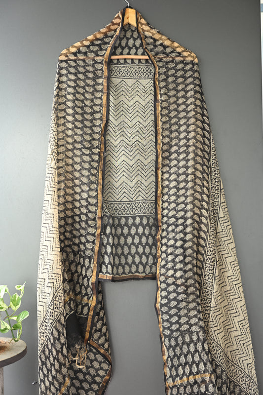 Beige and Black Printed Kota Doria Dupatta