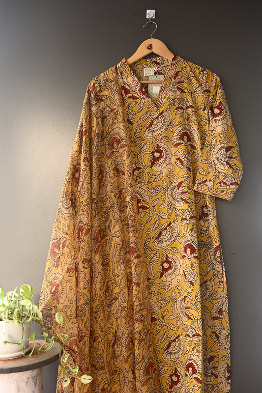 Yellow and Maroon V Neck Kurti With Kantha Work Set with Dupatta