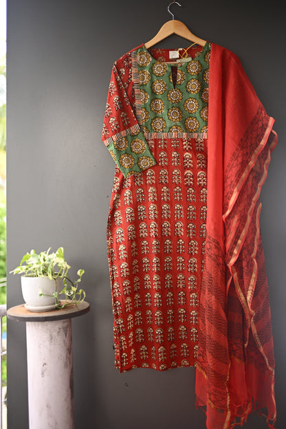 Red and Green Patch Hand Block Printed Kurti Set