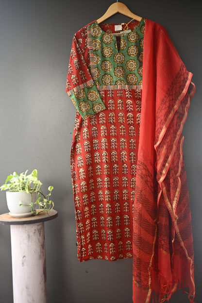 Red and Green Patch Hand Block Printed Kurti Set