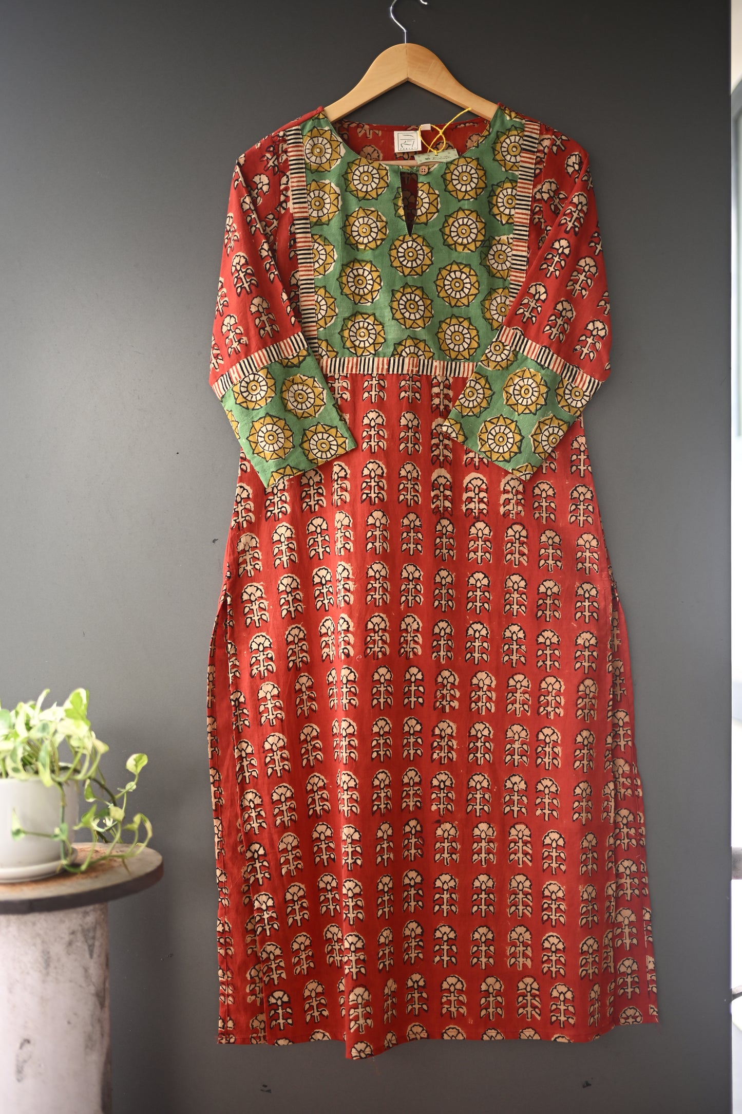 Red and Green Patch Hand Block Printed Kurti Set