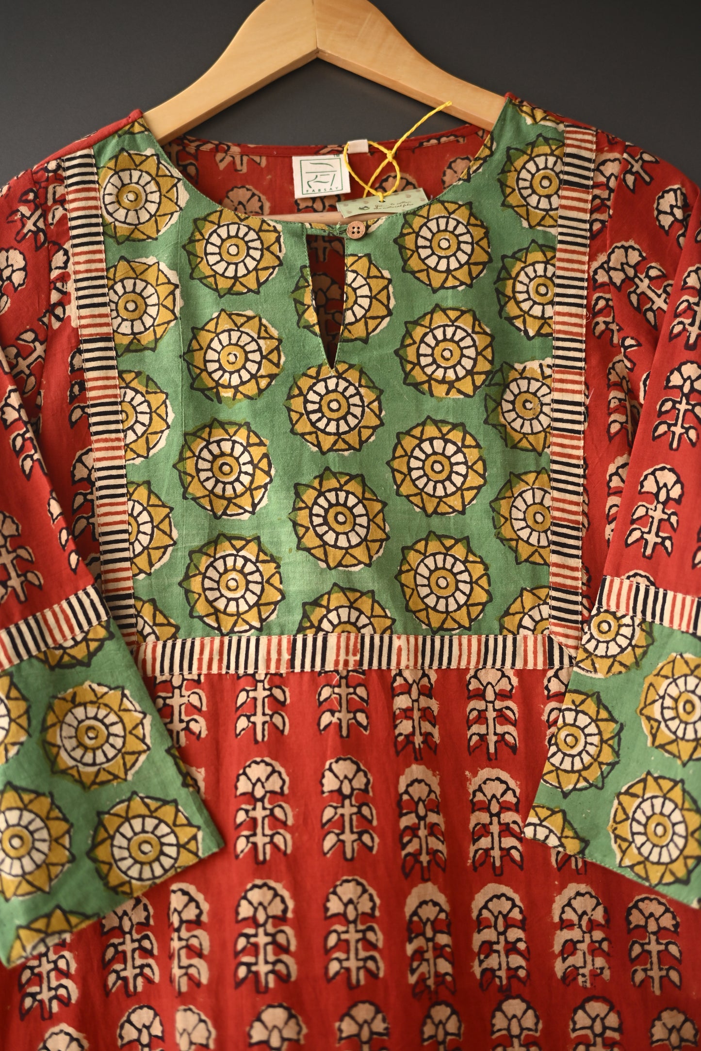 Red and Green Patch Hand Block Printed Kurti Set