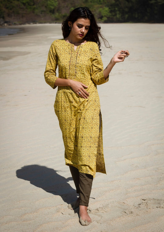 Yellow  Jahota Hand Block Printed Kurti