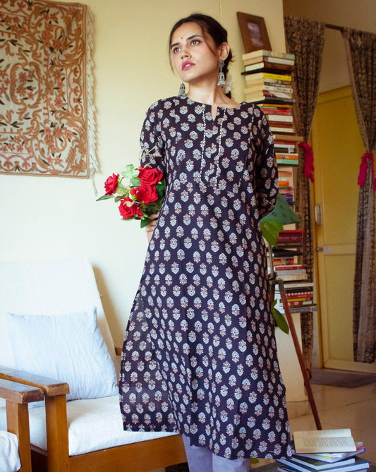 Black Ajrakh Hand Block Printed Kurti and Black Pant set