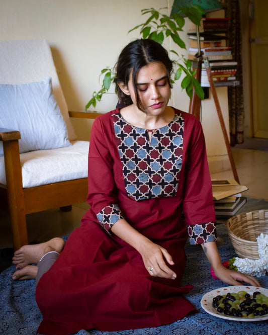 Maroon Patch Ajrakh Hand Block Printed Kurti