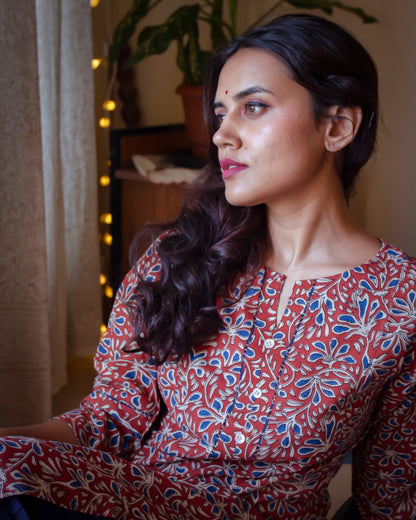 Red Floral Hand Block Printed Kurti and Pant