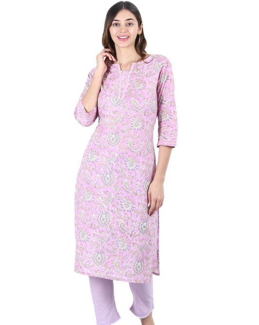 Purple Floral Hand Block Printed  Kurti