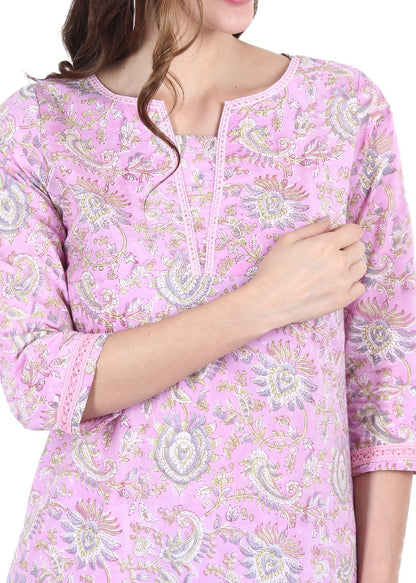 Purple Floral Hand Block Printed  Kurti