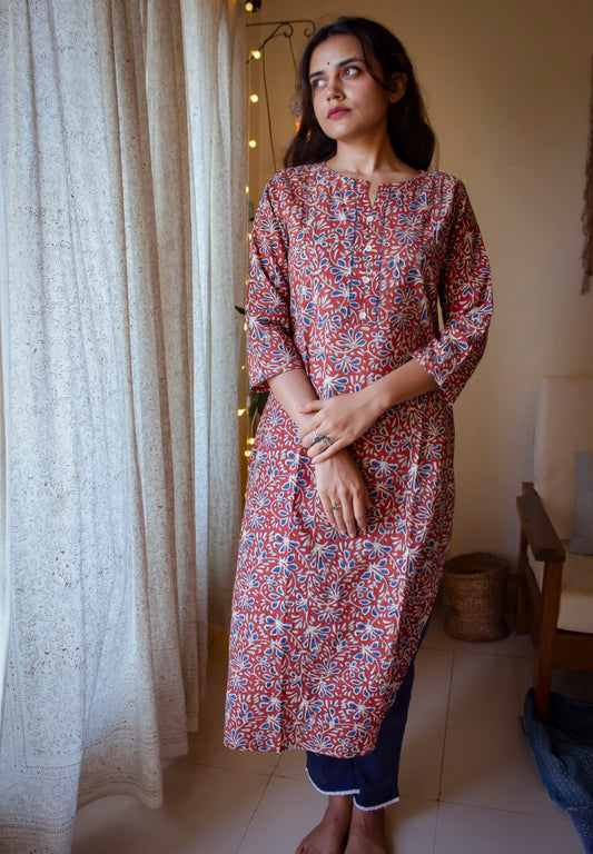 Red Floral Hand Block Printed Kurti