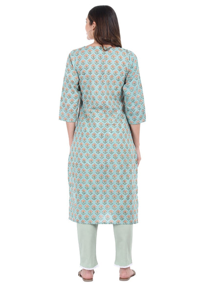 Pastel Green Hand Block Printed Slit V Neck Kurti