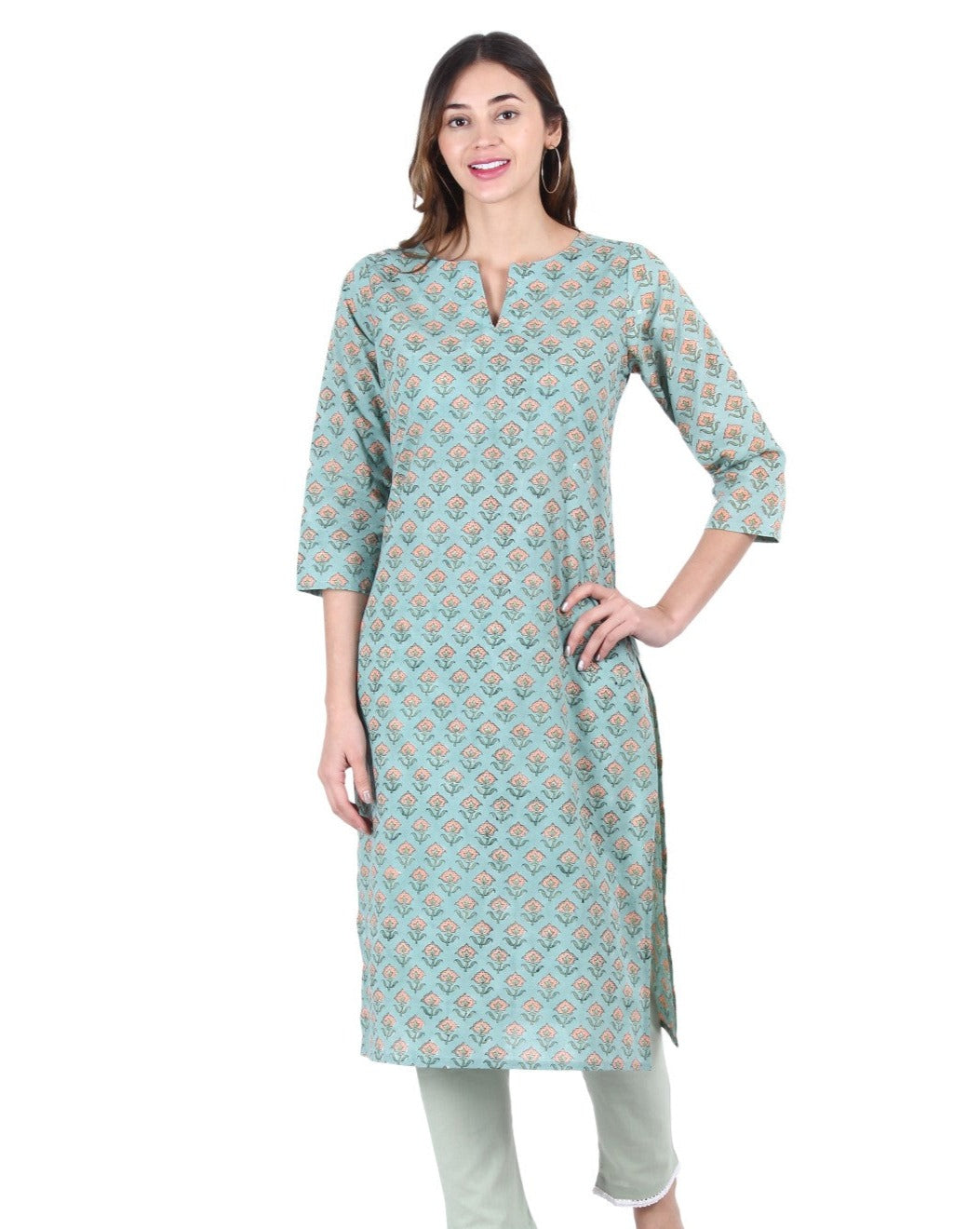 Pastel Green Hand Block Printed Slit V Neck Kurti