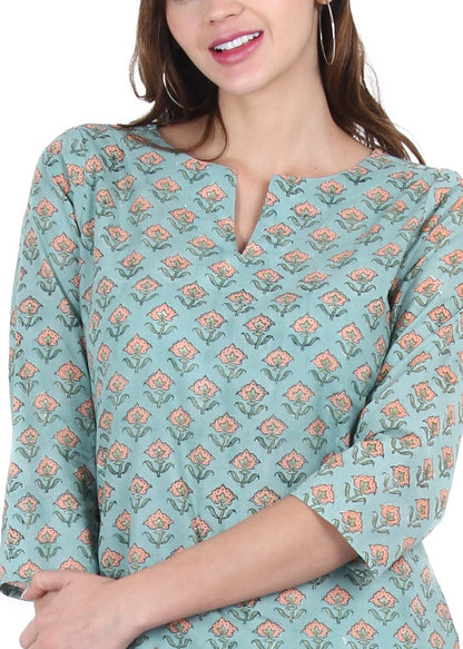 Pastel Green Hand Block Printed Slit V Neck Kurti