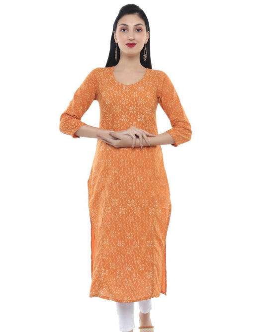 Orange Dabu Hand Block Print  V Neck  Kurti