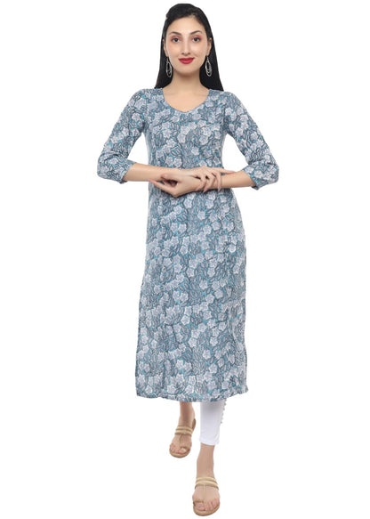 Blue Floral Hand Block Printed V Neck  Kurti