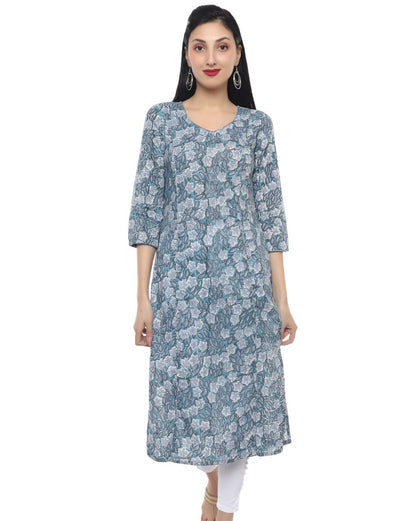 Blue Floral Hand Block Printed V Neck  Kurti