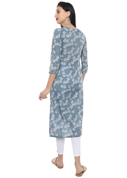 Blue Floral Hand Block Printed V Neck  Kurti