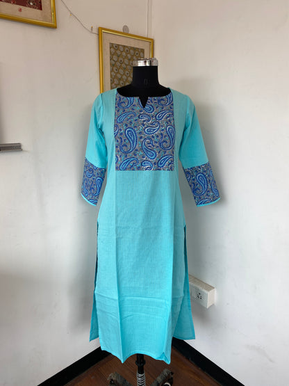 Blue Kantha with dark blue handblock patch kurti