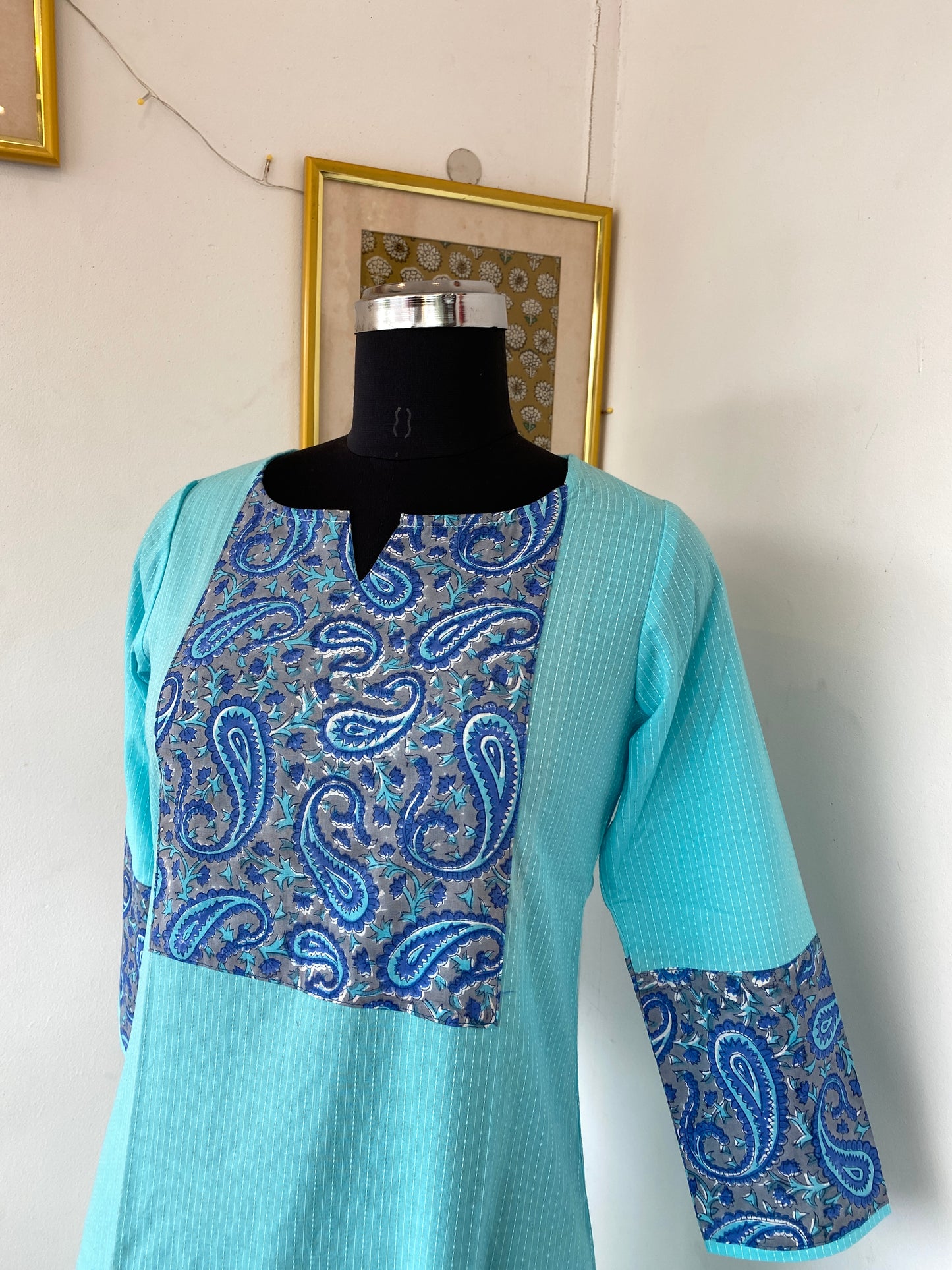 Blue Kantha with dark blue handblock patch kurti