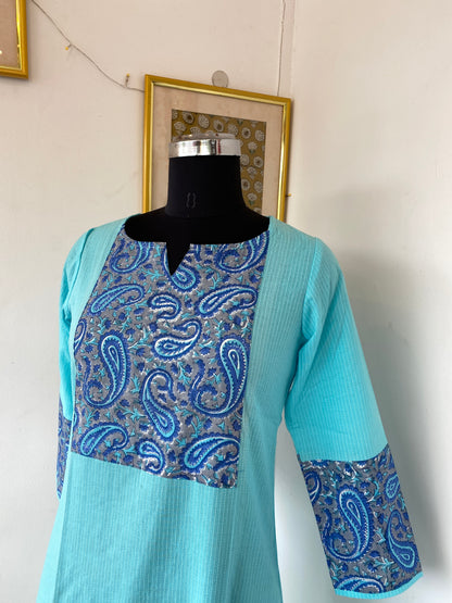 Blue Kantha with dark blue handblock patch kurti