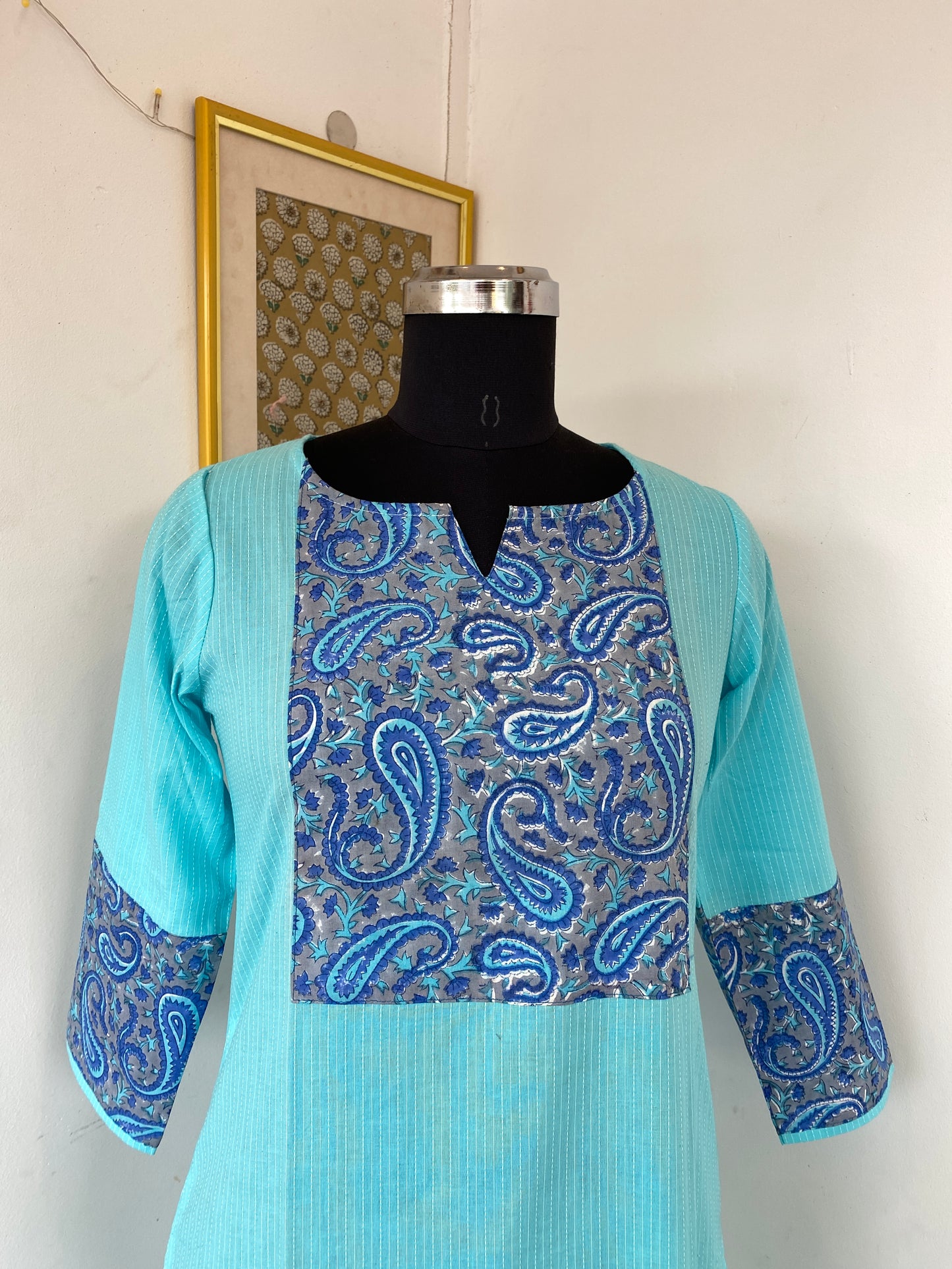 Blue Kantha with dark blue handblock patch kurti