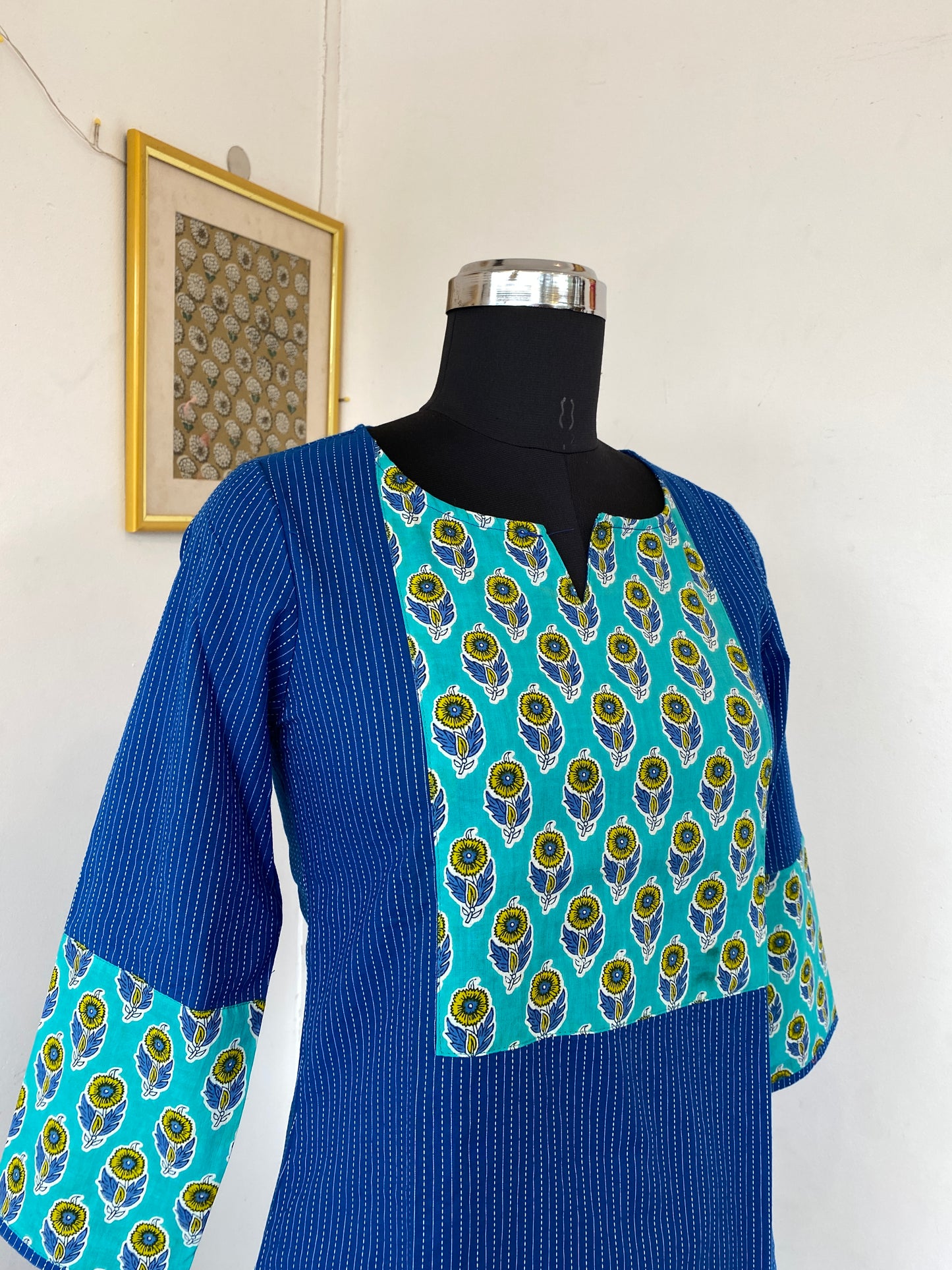 Blue Kantha with light blue handblock patch kurti
