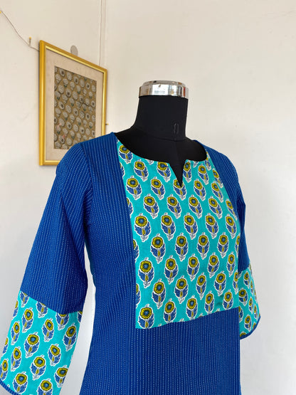 Blue Kantha with light blue handblock patch kurti