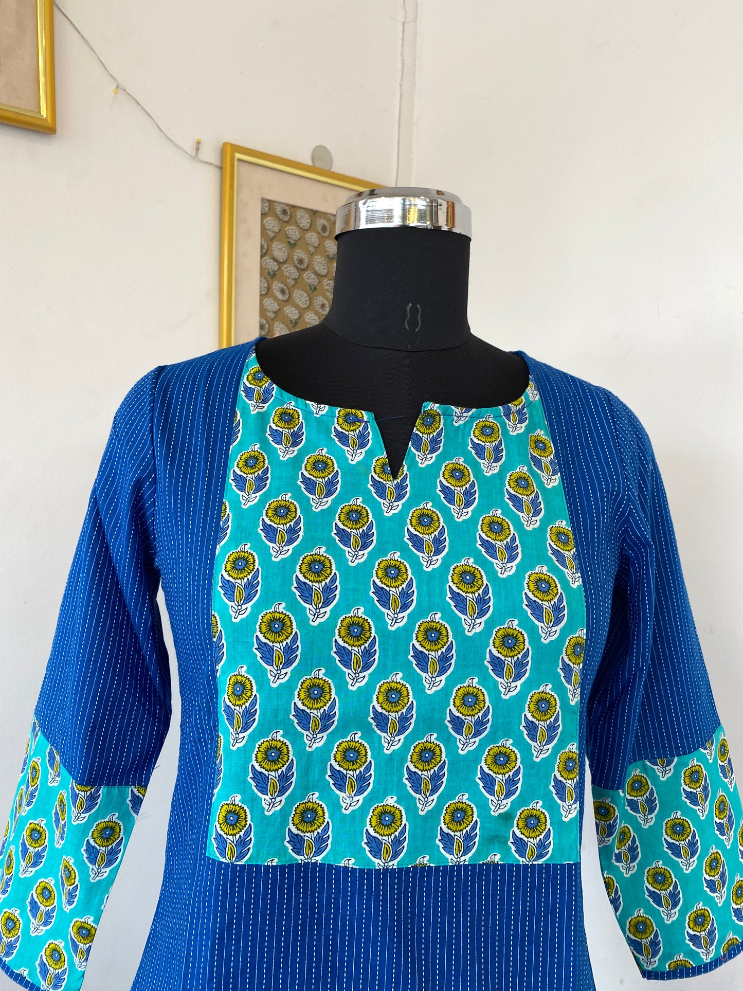 Blue Kantha with light blue handblock patch kurti