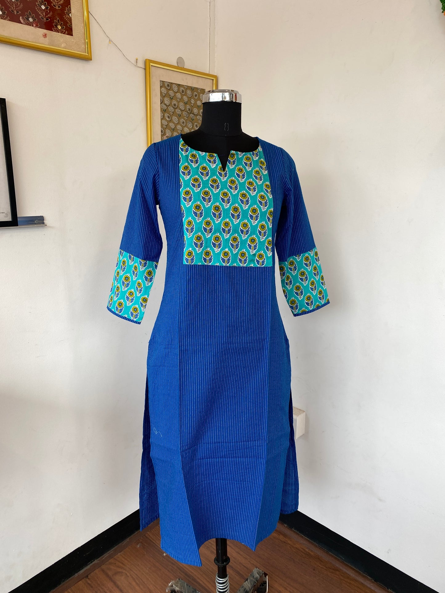 Blue Kantha with light blue handblock patch kurti