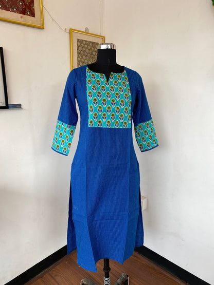 Blue Kantha with light blue handblock patch kurti
