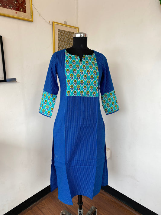 Blue Kantha with light blue handblock patch kurti