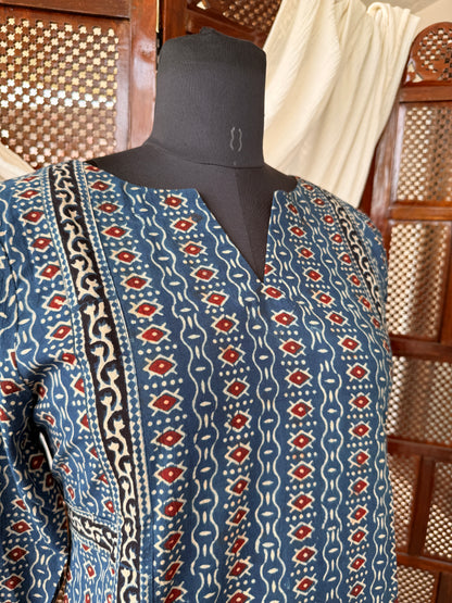 Blue Ajrakh Hand Block Printed Cotton Kurti