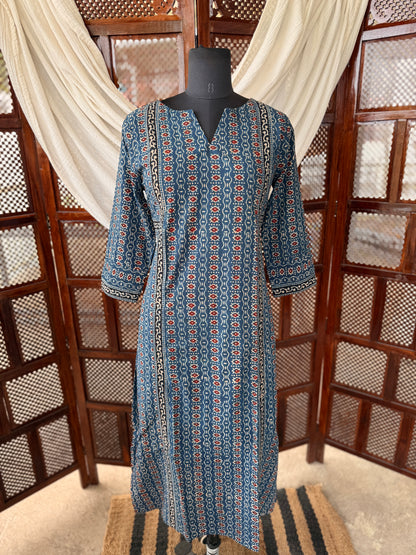 Blue Ajrakh Hand Block Printed Cotton Kurti