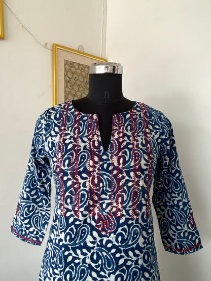 Indigo Printed Kurti With Embroidery-Mehandhi Print