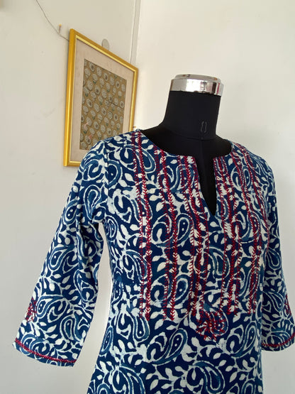 Indigo Printed Kurti With Embroidery-Mehandhi Print