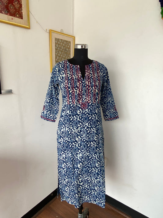 Indigo Printed Kurti With Embroidery-Mehandhi Print