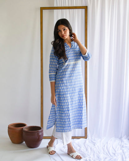 Blue Patch Hand Block  Printed Cotton Collar Neck Kurti