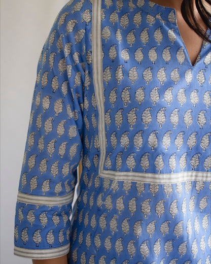 Blue Patch Hand Block  Printed Cotton Collar Neck Kurti