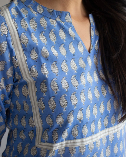 Blue Patch Hand Block  Printed Cotton Collar Neck Kurti